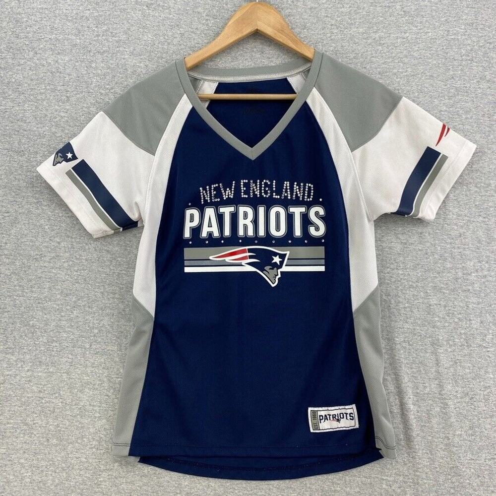 New England Patriots Jersey Shirt Womens Medium Bedazzled Ragland Embellished